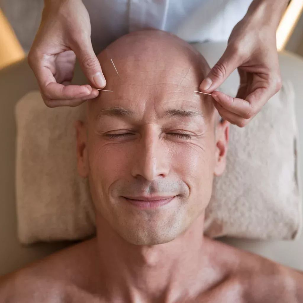 Mann bei kosmetischer Akupunktur im Stirnbereich – TCM für Männer in Köln zur Hautstraffung und Regeneration