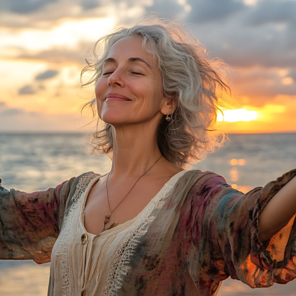 Frau genießt Yang Sheng am Meer bei Sonnenuntergang für innere Ruhe