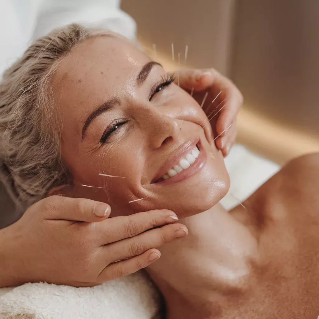 Junge Frau bei einer kosmetischen Gesichtsakupunktur – natürliche Hautverjüngung und Faltenreduktion in Köln mit TCM