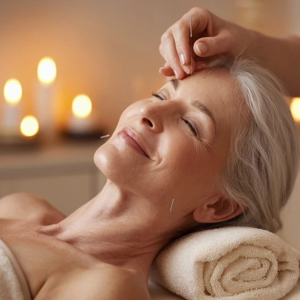 Reife Frau bei Anti-Aging-Akupunktur im Gesicht – ganzheitliche Behandlung mit TCM